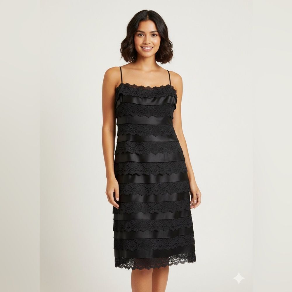 Tadashi Shoji lace silk tiered midi dress cocktail black formal wedding gown